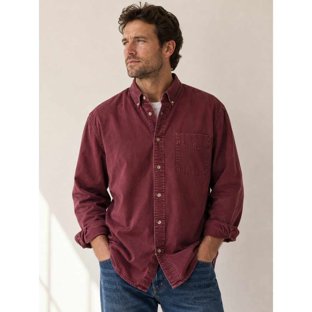 Eddie Bauer Men's L Burgundy Cotton Button Down Shirt Relaxed Fit